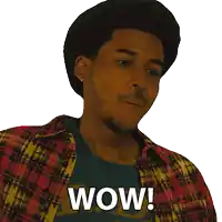 a man wearing a plaid shirt with the word wow written on it