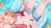 a girl is laying on a float holding a guitar