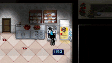 a screenshot of a video game shows a person standing in a kitchen near a space sign