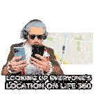 a man wearing headphones looks at his phone with the words looking up everyone 's location on life 360 above him