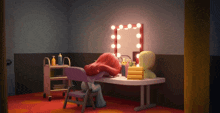 a cartoon character sits in front of a mirror with lights on