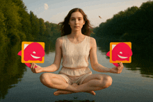 a woman sits in a lotus position in the water holding two cards with the letter e and a smiling face on them