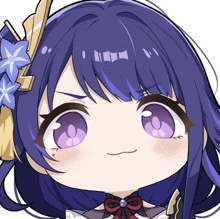 a close up of a girl with purple hair and a flower in her hair