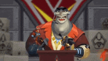 a cartoon character is standing at a podium with a microphone in his mouth .
