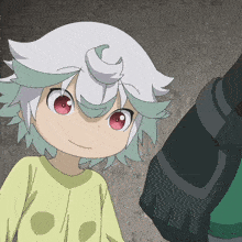 a cartoon character with white hair and red eyes is looking at something