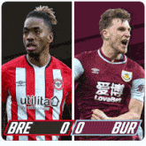 two soccer players are standing next to each other with the score of 0 to bur