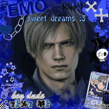 a picture of a man with the words emo sweet dreams