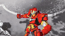 a cartoon drawing of a red robot with a yellow arm