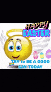 a happy easter card with a smiley face and eggs