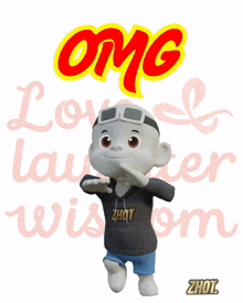 a cartoon character is standing in front of a sign that says omg love laughter and wisdom