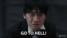 a man in a tuxedo says " go to hell "