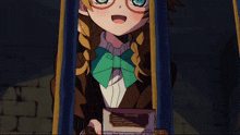 a girl with glasses and a green bow tie