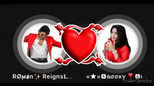 a man in a red jacket and a woman in a red dress are surrounded by a heart