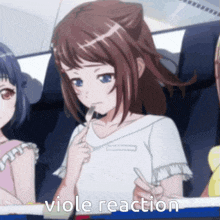 a girl in a white shirt is holding a fork in her mouth and the words viole reaction are below her