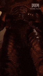 a close up of a video game character with a helmet that says doom on it