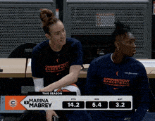 marina mabrey sits on a bench with a basketball