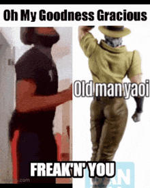 a meme with a picture of a man and a picture of an old man yaoi