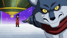 a cartoon of a man standing next to a large wolf with yellow eyes
