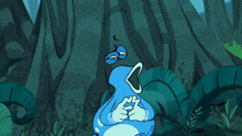 a cartoon of a frog sitting in the grass with a purple object in the background
