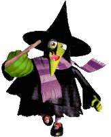 a cartoon witch wearing a black hat and scarf