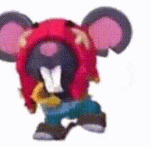 a cartoon of a mouse wearing a red hat and blue pants