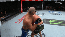 two men are fighting in a boxing ring with ads for budweiser and mickey mouse behind them