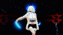 a girl with white hair and black shorts is dancing in a dark room