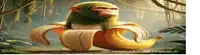 a green monkey is sitting on a banana peel
