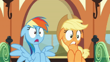 rainbow dash and applejack are standing next to each other with their mouths open