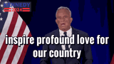 a man stands at a podium with the words inspire profound love for our country behind him