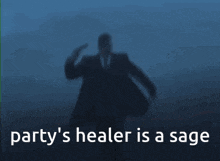 a man in a suit and tie is pointing a gun at his head with the words party 's healer is a sage below