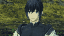 a video game character with blue hair and a backpack on his back