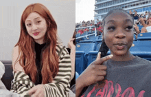 a woman with red hair is sitting in a stadium next to a woman wearing a t-shirt that says canoe