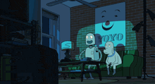 two robots are sitting on a couch in front of a yoyo sign