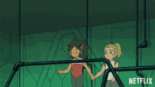 two cartoon characters standing next to each other with a netflix logo behind them