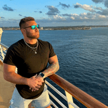 a man wearing sunglasses and a watch stands on a railing overlooking the ocean