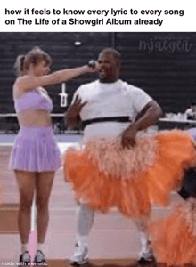 a woman in a purple skirt is standing next to a man in an orange skirt .