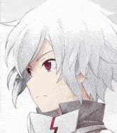 a boy with white hair and red eyes has a lightning bolt on his jacket