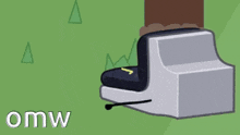 a cartoon drawing of a chair with the word omw written below it