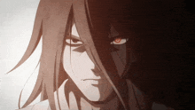 a close up of a person with red eyes