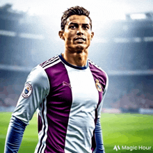 a soccer player wearing a purple and white jersey with the word real madrid on the front