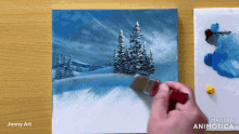 a person is painting a snowy landscape with the words made in animatica on the bottom