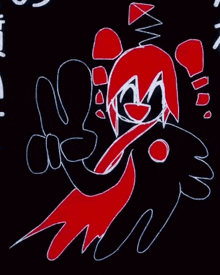 a drawing of a person with red hair and a red scarf giving a peace sign