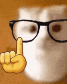 a white cat wearing glasses and a yellow hand giving the middle finger .