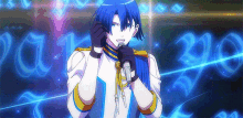 a man with blue hair is singing into a microphone while wearing gloves .