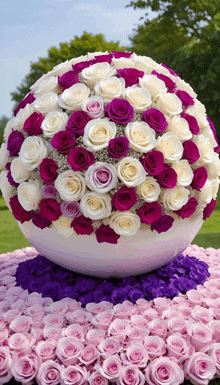 a ball filled with purple and white roses