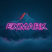 a neon sign that says exmark on top of a mountain