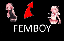 a black background with a red arrow pointing up and the word femboy