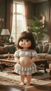 a cartoon doll is standing in a living room with manatopol written on the bottom of the picture