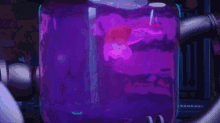 a shark is swimming in a purple tank of liquid